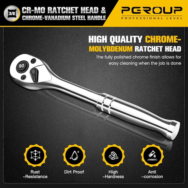pgroup 3/8-Inch Drive Ratchet Wrench, 90-Tooth Quick-release Reversible Ratchet Wrench with an Extension Bar(3 inch), 6" Long Socket wrench, 4-Degree Swing, Full Polished,Cr-Mo Head For Gifting,Repairing - Image 4